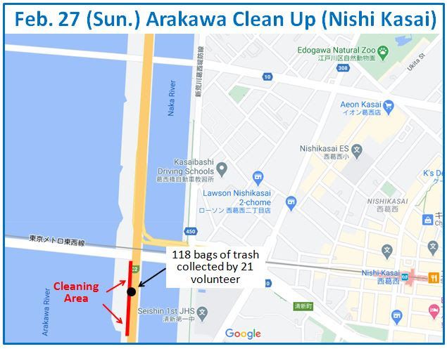 Arakawa River clean up Feb 27, 2022